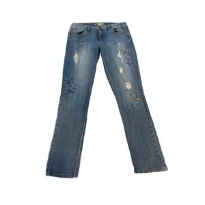 Democracy Girlfriend Jeans distressed & embroidered medium wash size 10